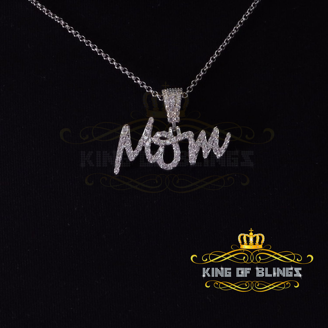 King Of Bling's Beautiful MOM Letter Pendant with 0.90ct Cubic Zirconia White Sterling Silver