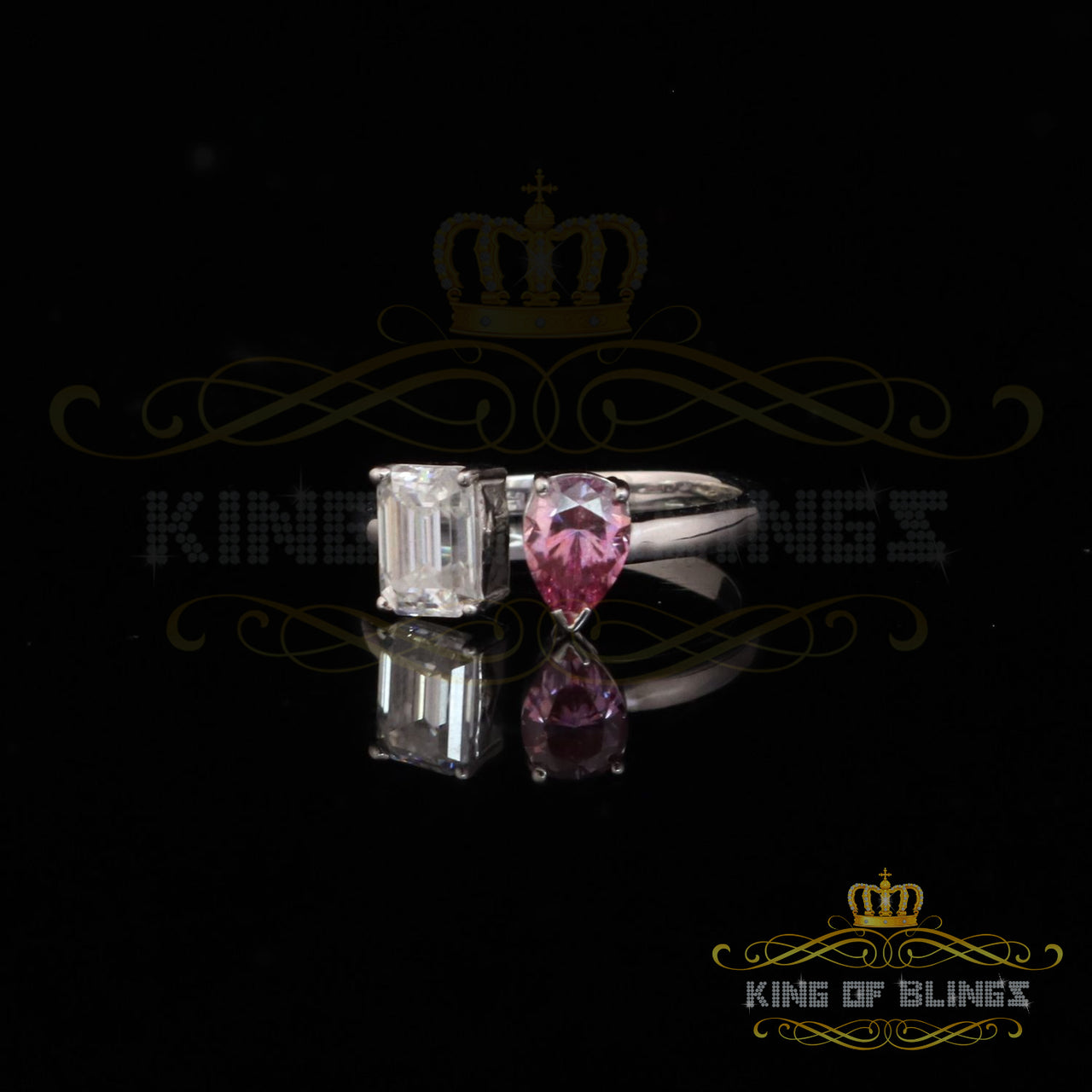King of Bling's Women's Silver White VVS D 2.00CT Pink Moissanite Toi et Moi Engagement Ring SZ7