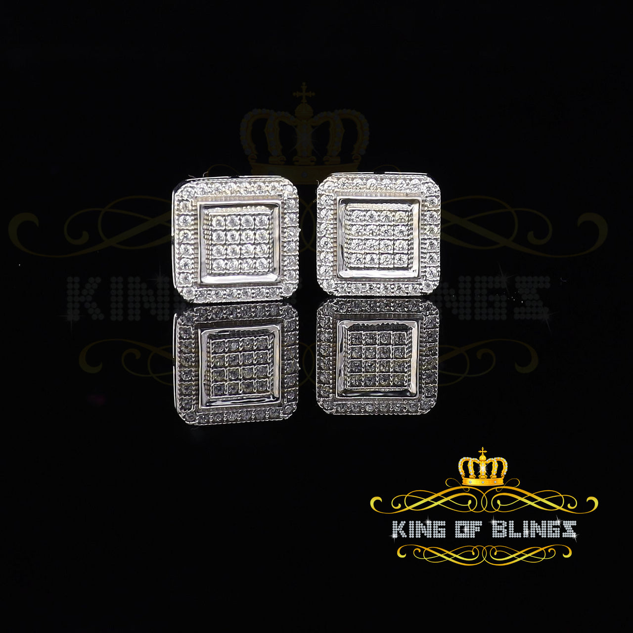 King of Bling's 0.70ct Cubic Zirconia Men & Women White 925 Silver Screw Back Square Earring