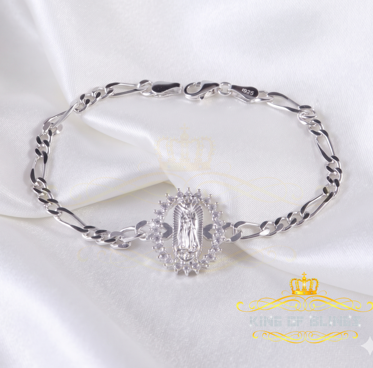 King Of Bling's Virgin Merry CZ 925 Sterling Silver White Oval Shape Women's Religious Bracelet KING OF BLINGS