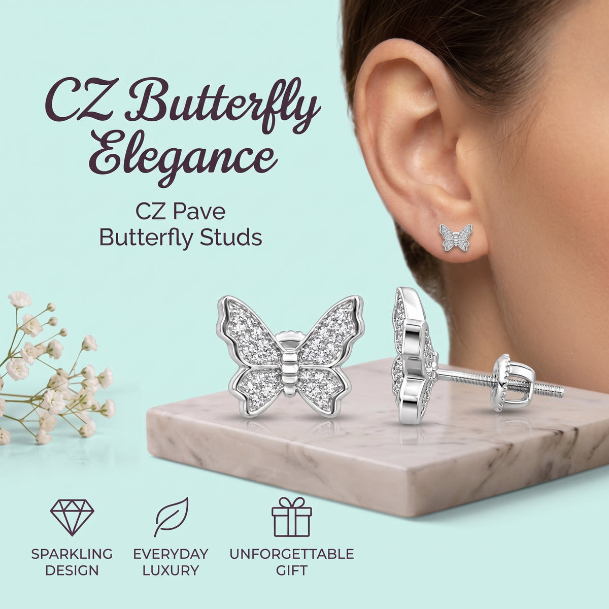 King of Bling's Women's 0.34ct Cubic Zirconia Butterfly Stud Earrings White 925 Sterling Silver KING OF BLINGS
