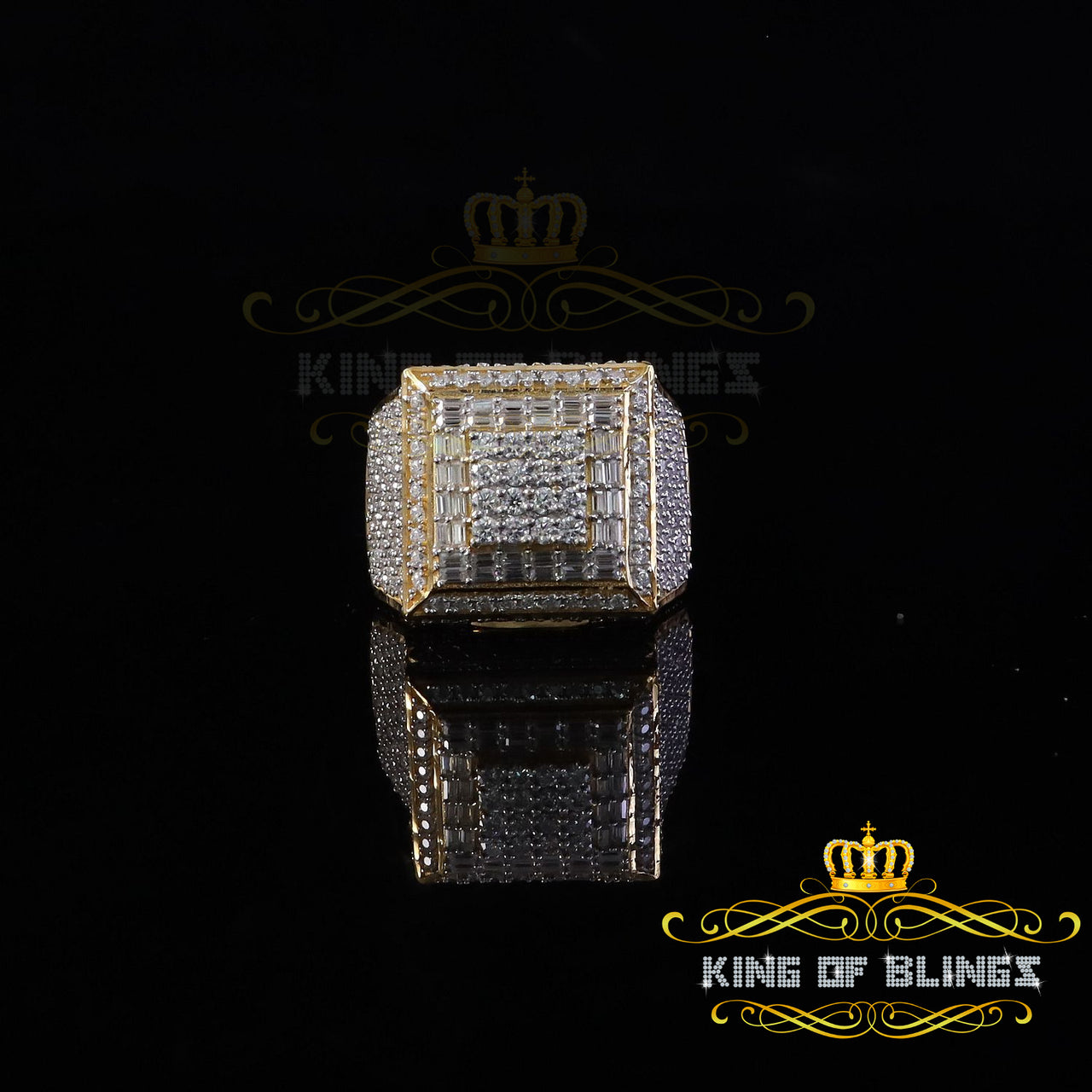 King of Bling's Men's 925 Sterling Silver 5.50ct VVS 'D' Moissanite Yellow Square Rings Size 10