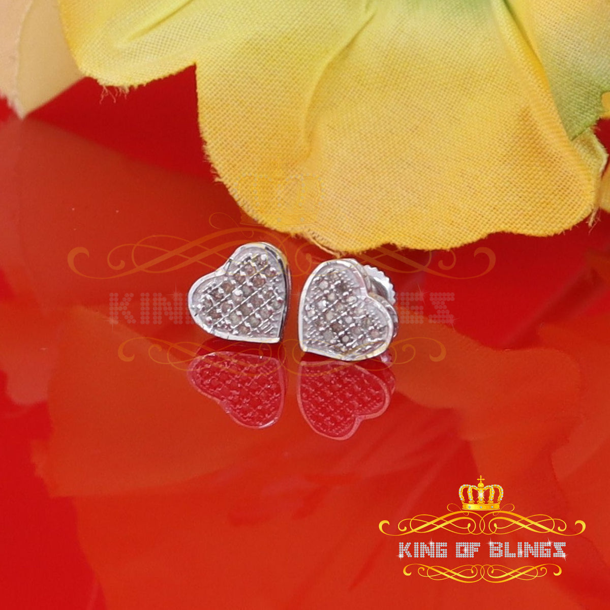 King Of Bling's 925 Sterling Silver 0.10ct Diamond Heart Earrings For Women White Stud For Men KING OF BLINGS
