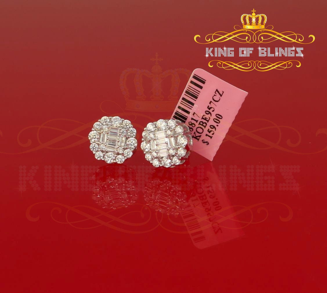 King of Blings White Silver 1.06ct Cubic Zirconia Round Floral Earrings Womens/Mens KING OF BLINGS