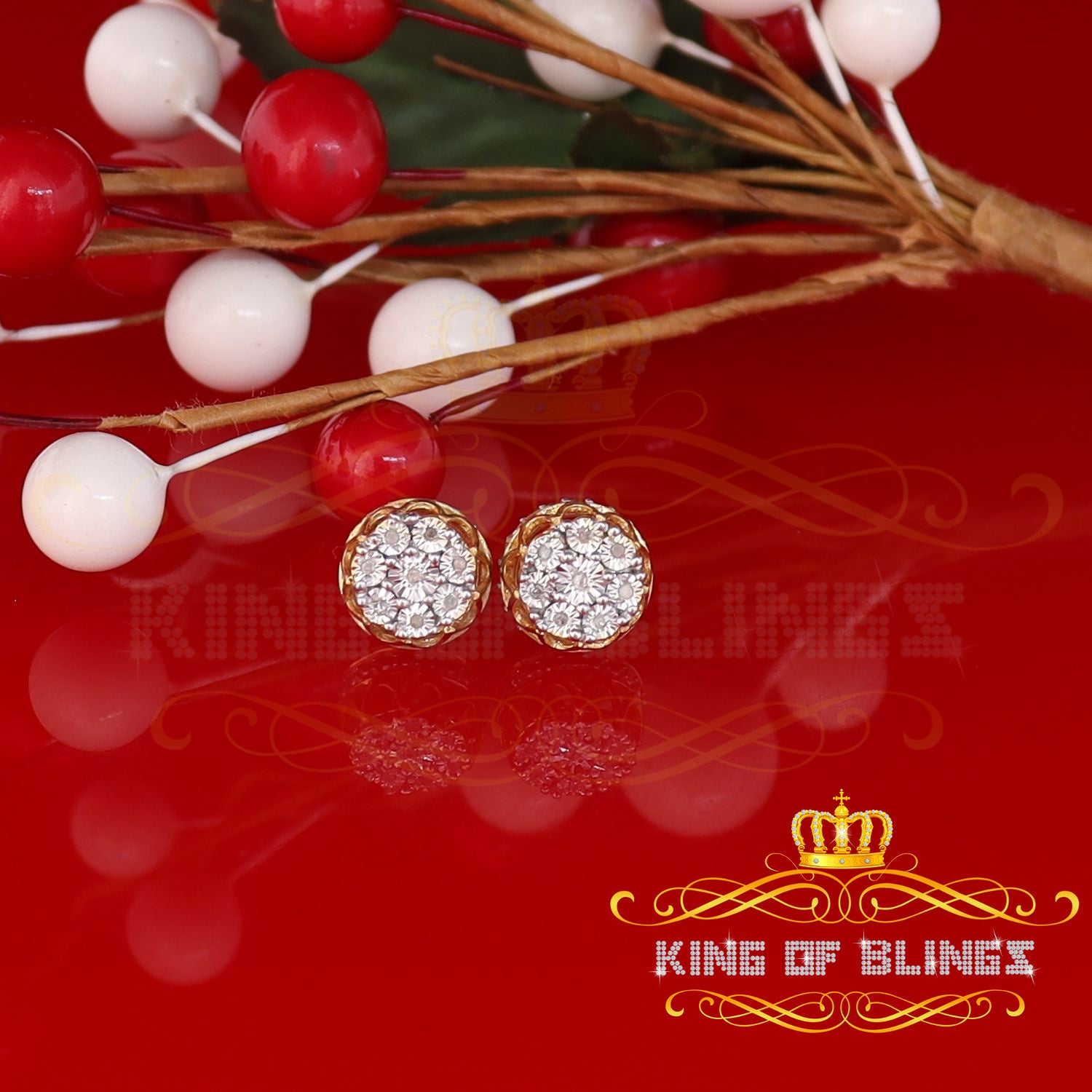King of Blings-925 Sterling Silver Yellow 0.07ct Diamond For Men's & Women's Floral Earrings KING OF BLINGS