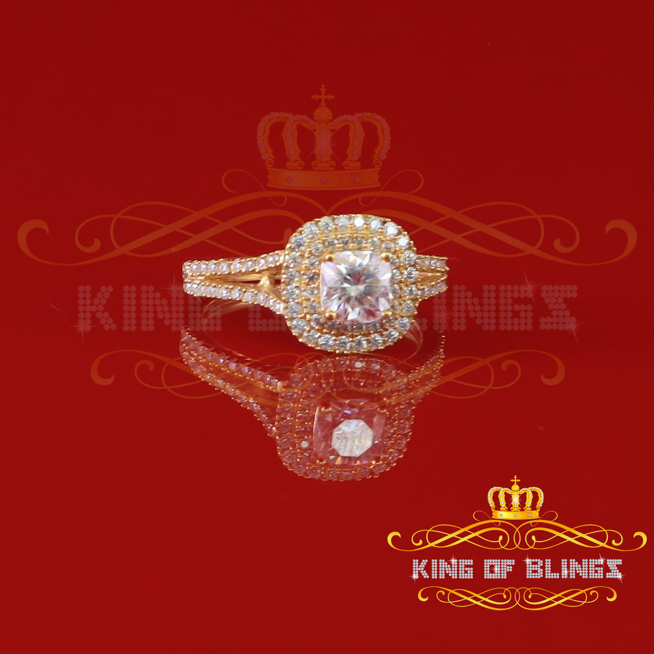 King Of Blings  10K Yellow Gold 2.00CT 'VVS' 'FL' D clr Cushion Cut Moissonite Womens Ring S/7