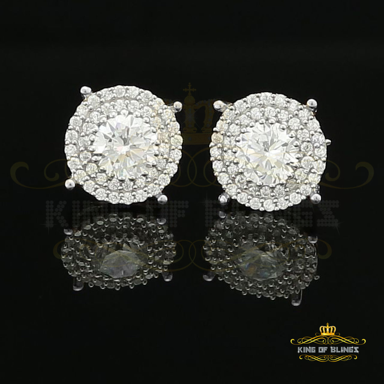 King of Blings- 925 White Sterling Silver 1.07ct Cubic Zirconia Women's Hip Hop Rounds Earrings KING OF BLINGS