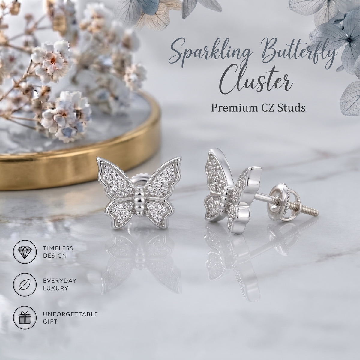 King of Bling's Women's 0.17ct Cubic Zirconia Butterfly Stud Earrings White 925 Sterling Silver KING OF BLINGS