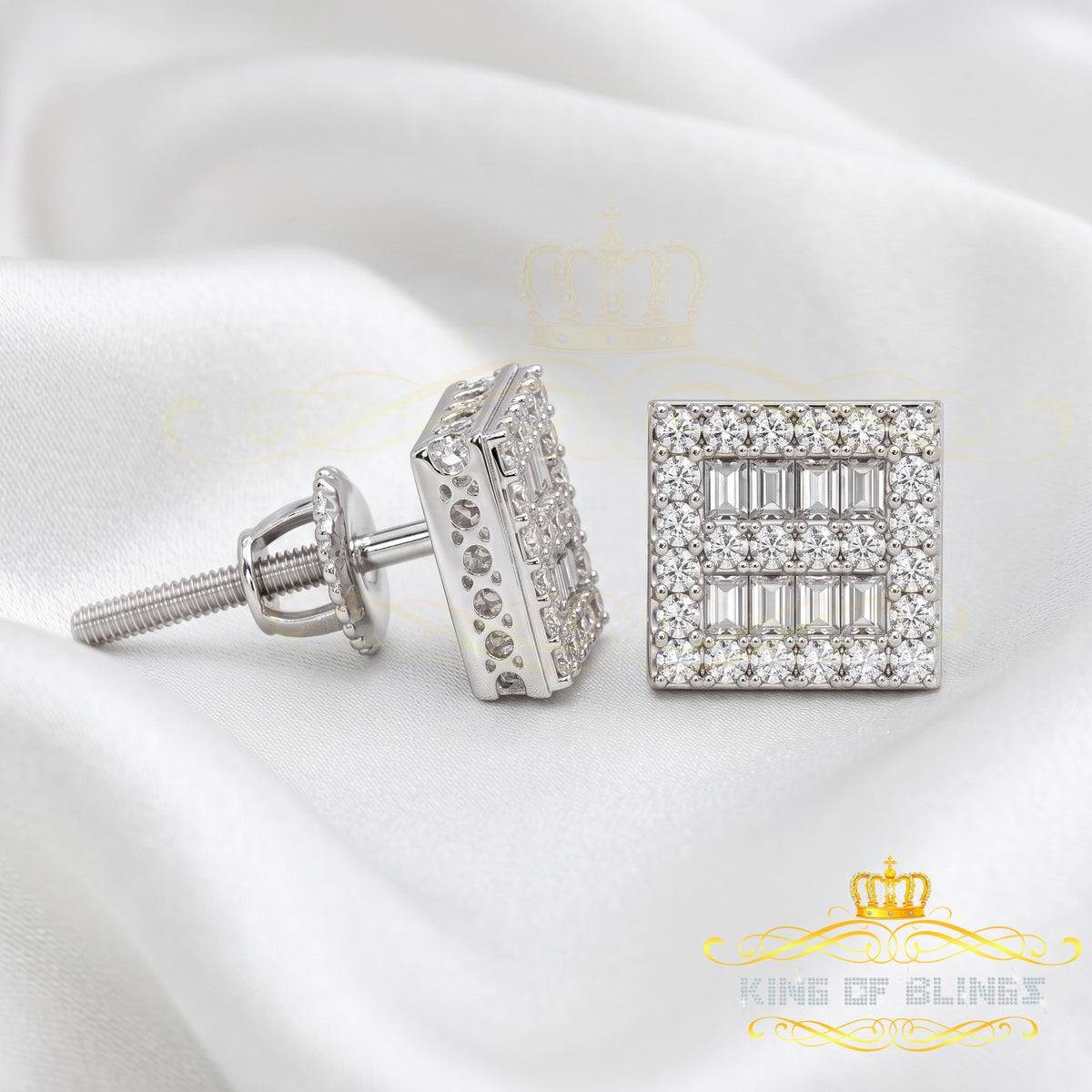 King of Bling's Aretes Para Hombre 925 White Silver 1.03ct Cubic Zirconia Square Women's Earring KING OF BLINGS