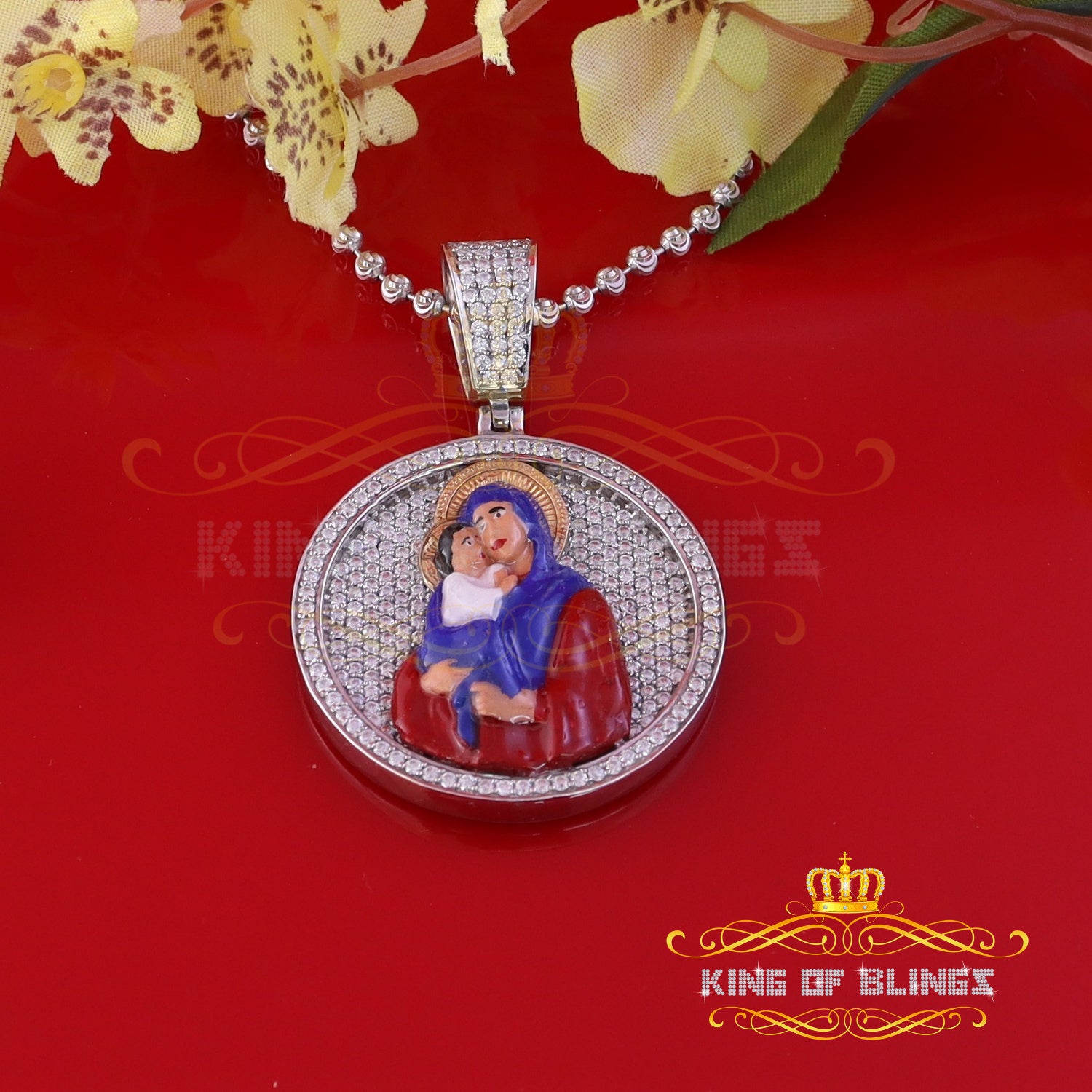 King Of Bling's 5.00ct Moissanite White 925 Silver Jesus & Mother Marry Round 1.50 inch Pendant KING OF BLINGS