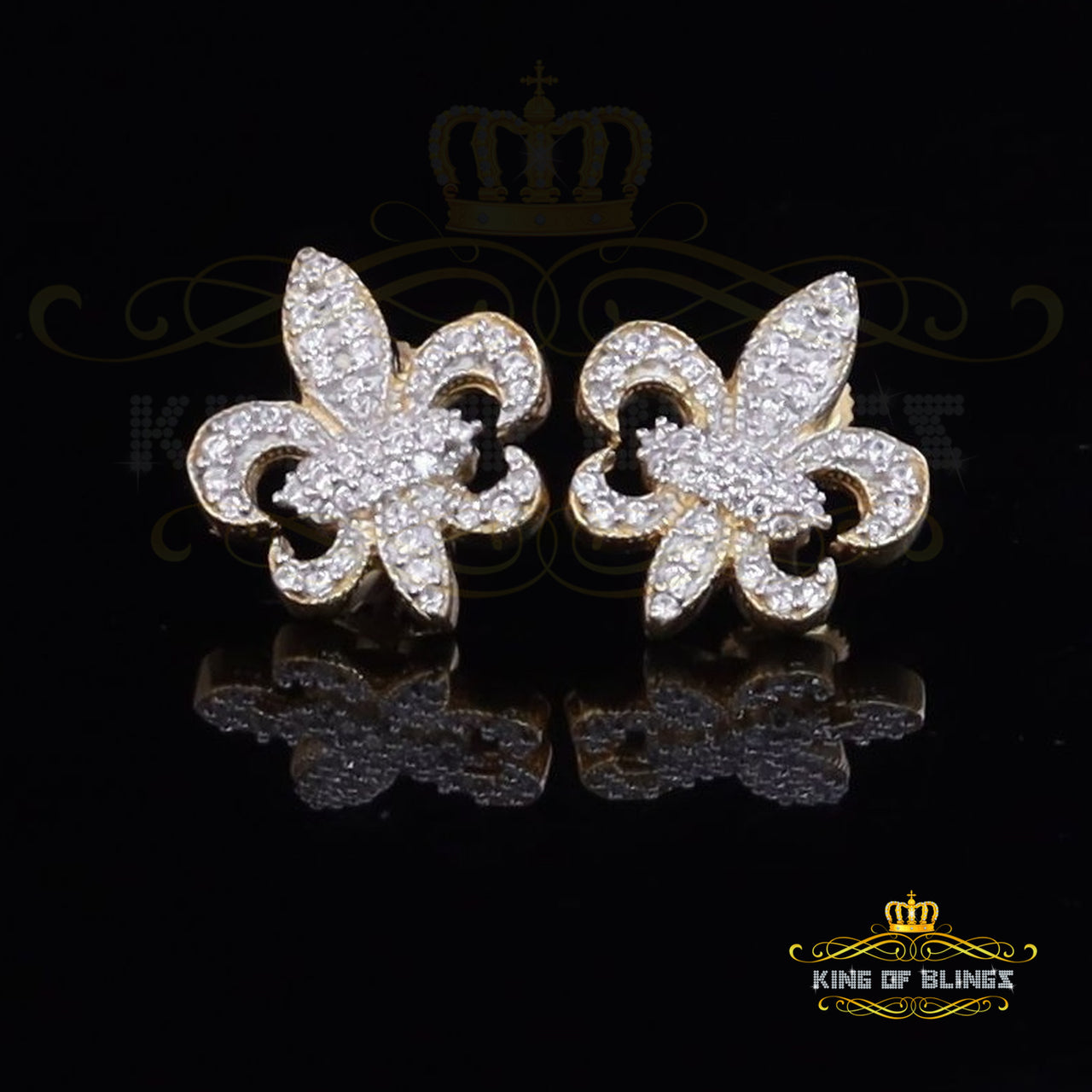 King of Bling's Fleur de Lis Yellow 925 Silver Screw Back 0.96ct Cubic Zirconia Women's Earrings