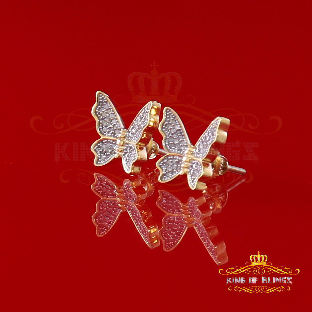 King of Blings-Women's 0.25ct Real Diamond Butterfly Stud Earrings Yellow 925 Sterling Silver