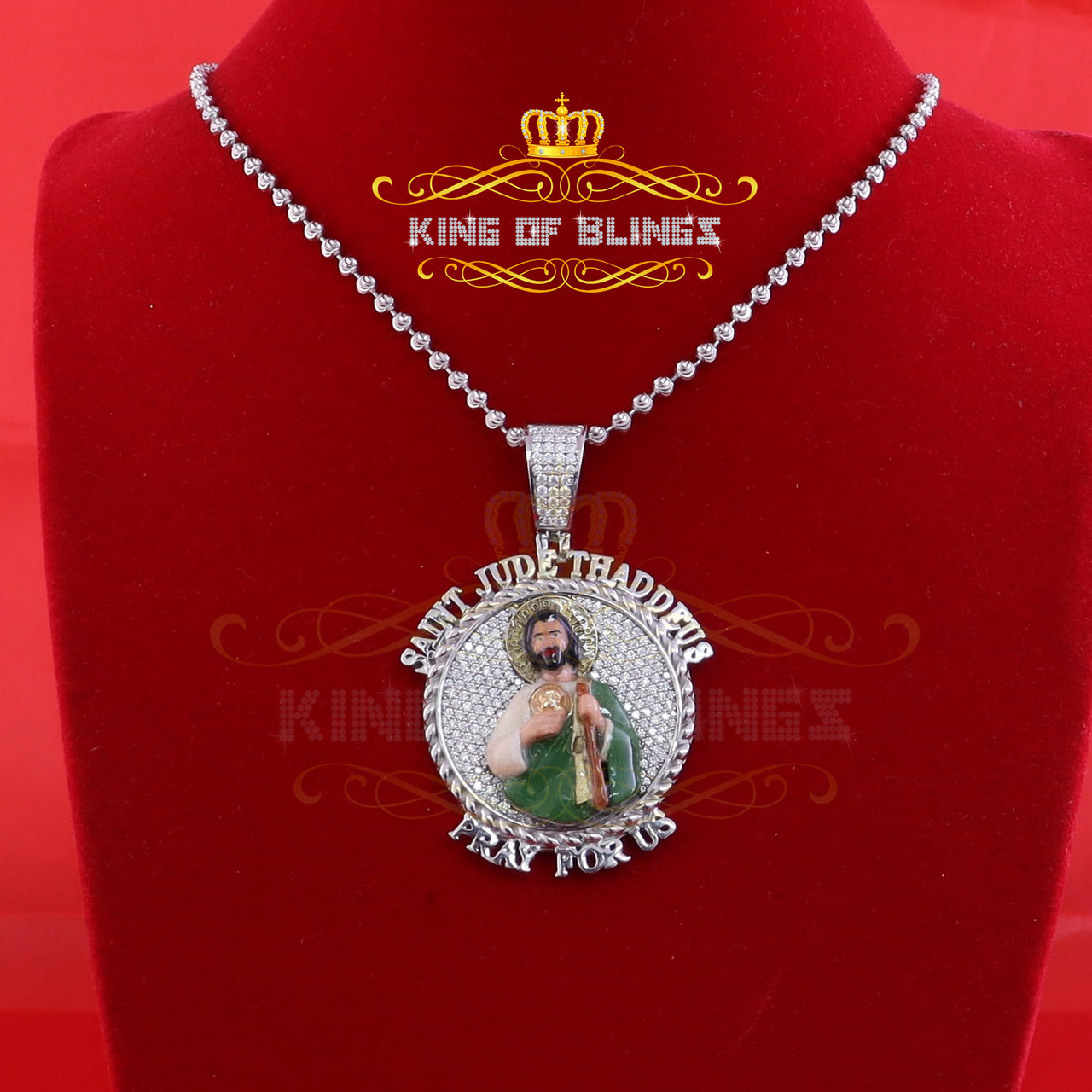 King Of Bling's SAINT JUDE THADDEUS Sterling Silver White Pendant with 2.0ct Genuine Moissanite KING OF BLINGS