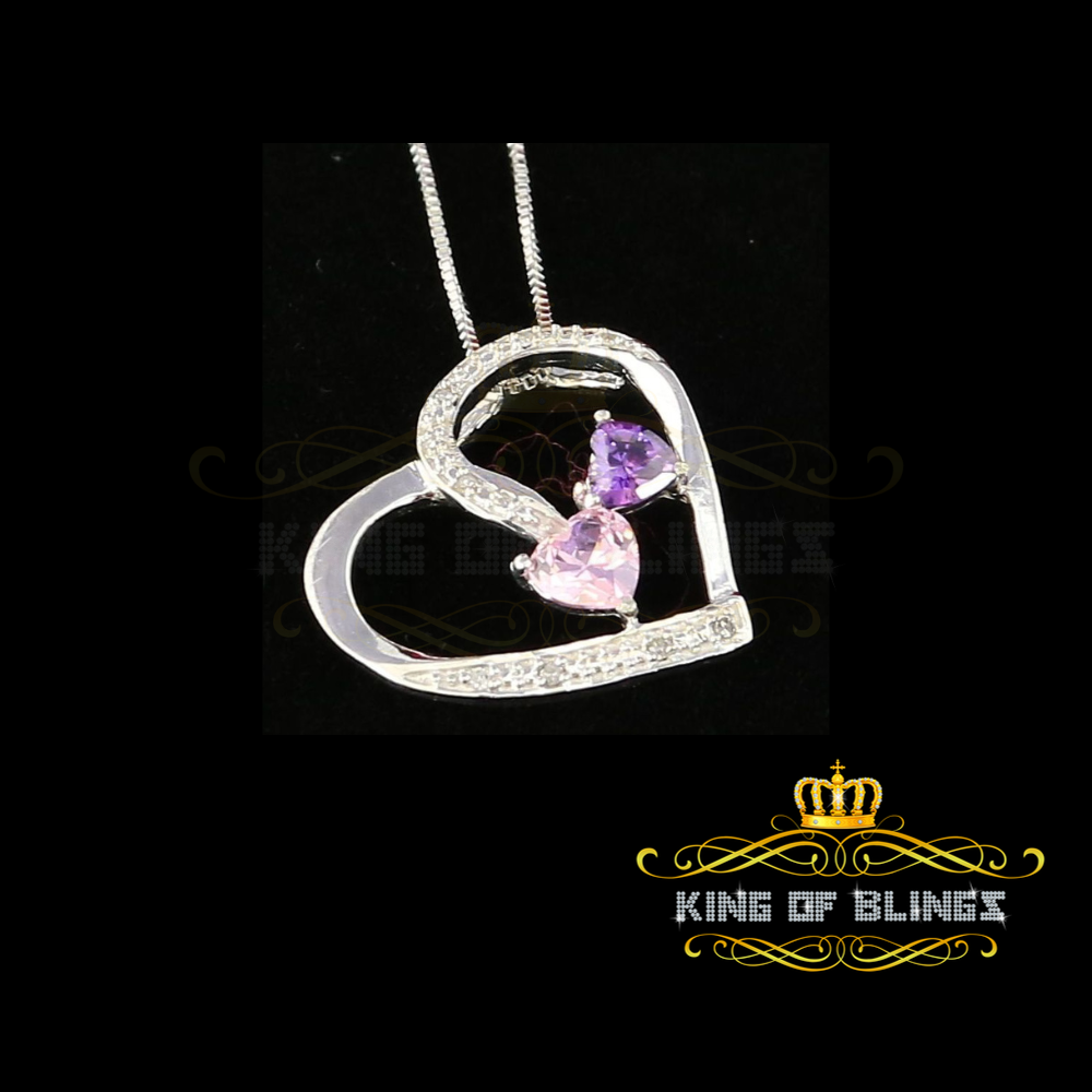 King Of Bling's Two Stones Pink Blue Heart Solitaire 0.1ct Silver Diamonds White Charm Pendant