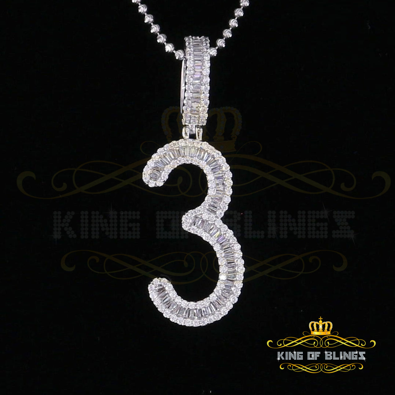 White 925 Sterling Silver Baguette Numeric '3'Pendant 4.65ct Cubic Zirconia KING OF BLINGS