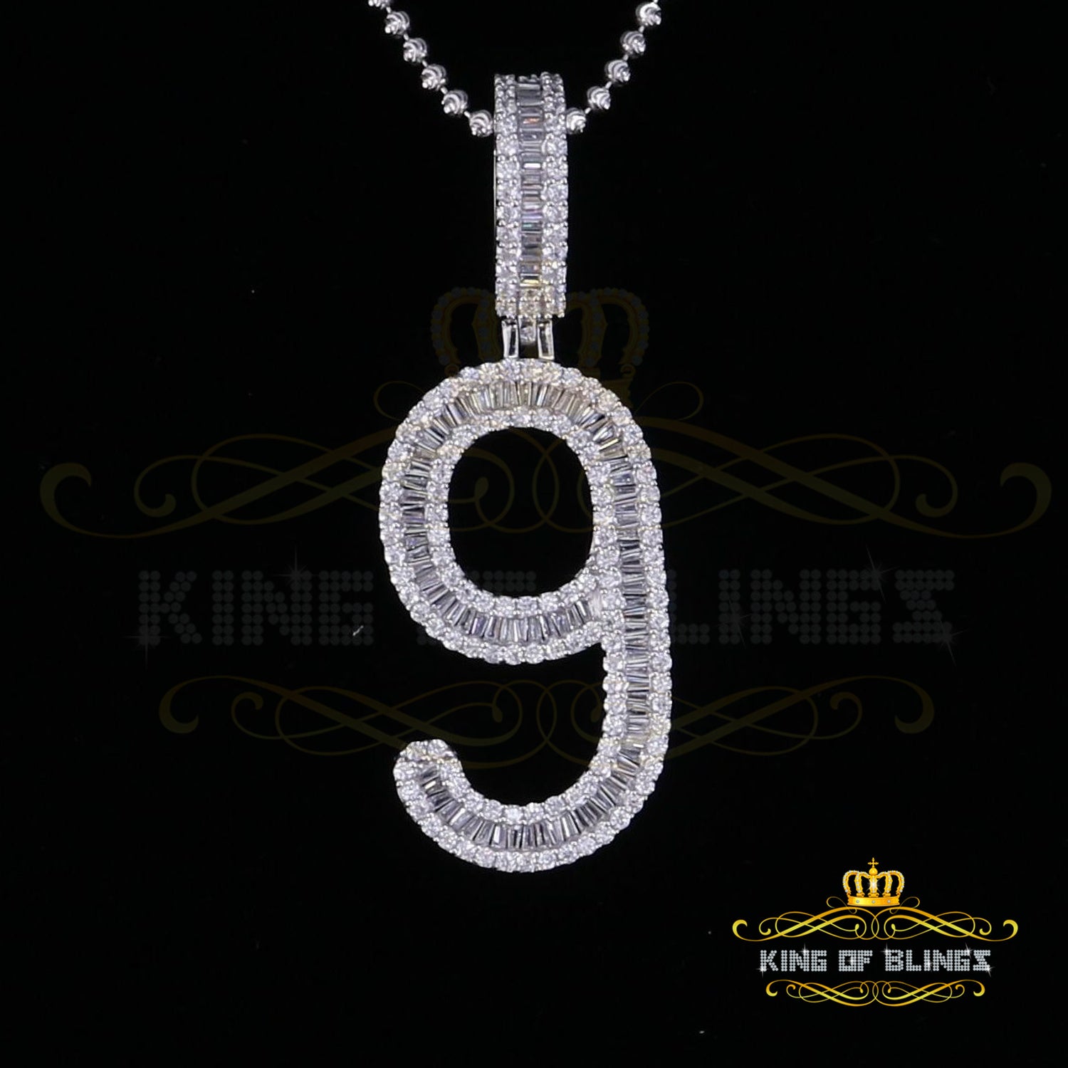 White Sterling Silver Baguette Numberical NINE Pendant 4.86ct Cubic Zirconia KING OF BLINGS