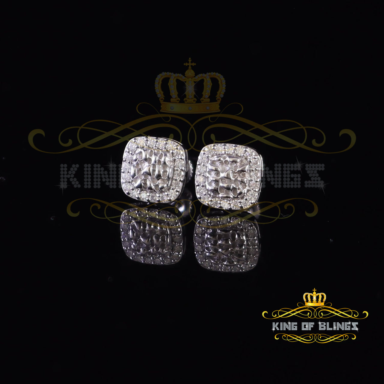 King of Bling's 1.00ct Moissanite White 925 Silver Womens Round Edge Square Shape Nugget Earring