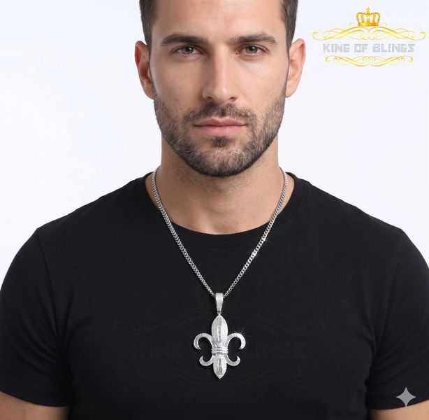 King Of Bling's White Sterling Silver Fleur de Lis wise Shape Pendant with15.62ct Cubic Zirconia