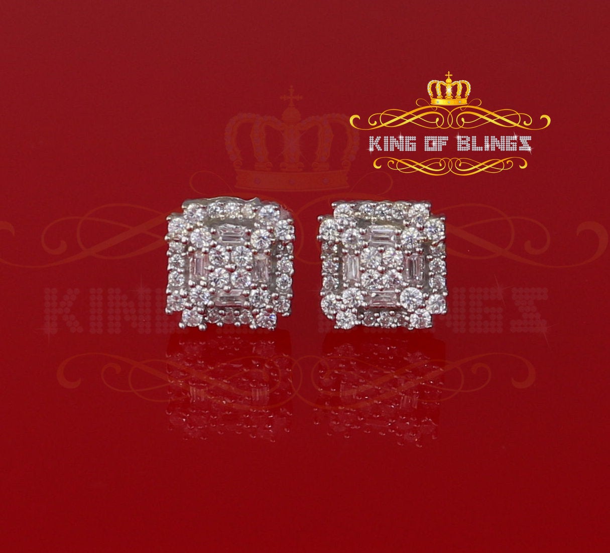 King of Blings- 1.18ct Cubic Zirconia 925 White Silver Women's & Men's Hip Hop Square Earrings KING OF BLINGS