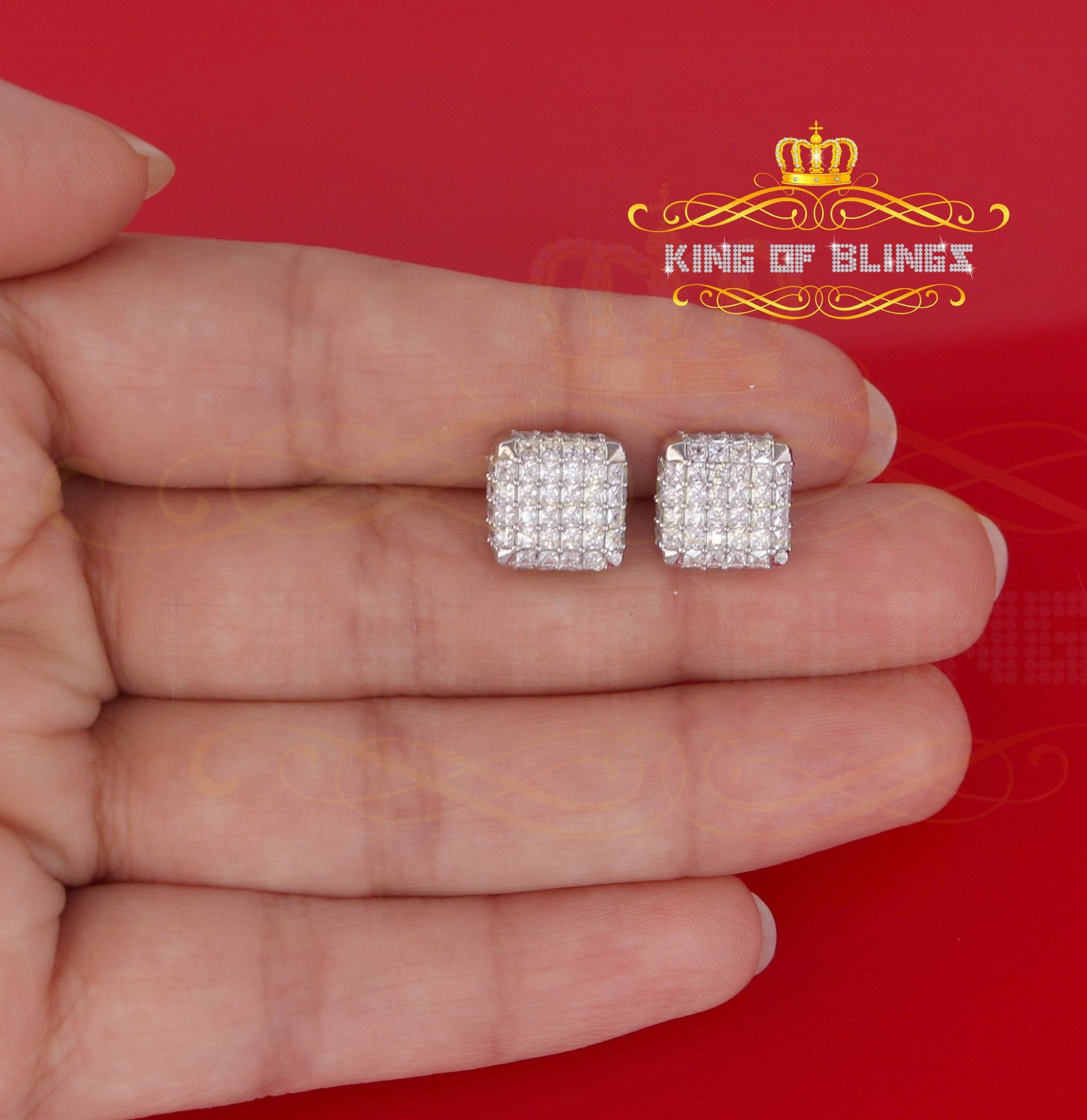 King of Blings- Cubic Zirconia 925 White Silver Screw Back1.95ct Hip Hop Square Women's Earrings KING OF BLINGS
