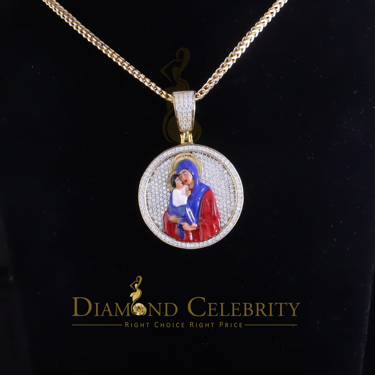 King Of Bling's 5.00ct Moissanite Yellow 925 Silver Jesus & Mother Marry Round 1.50 inch Pendant