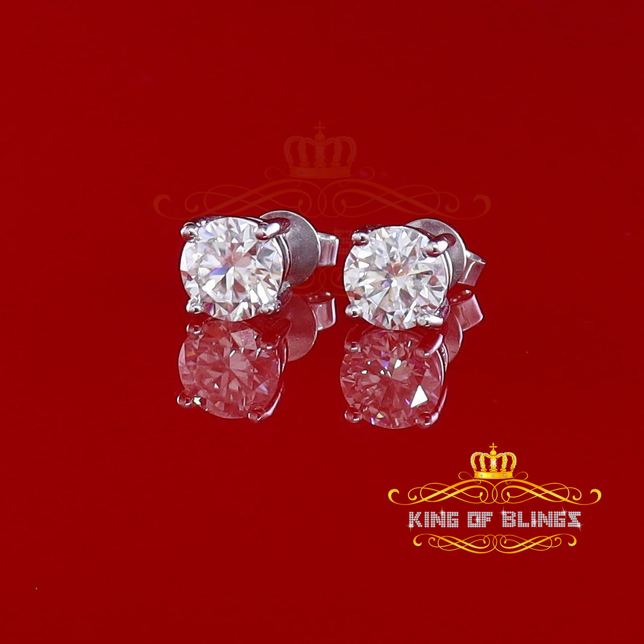 King of Bling's 2.50ct VVS 'D' Moissanite Men's/Womens 925 Silver White Round Stud Earrings