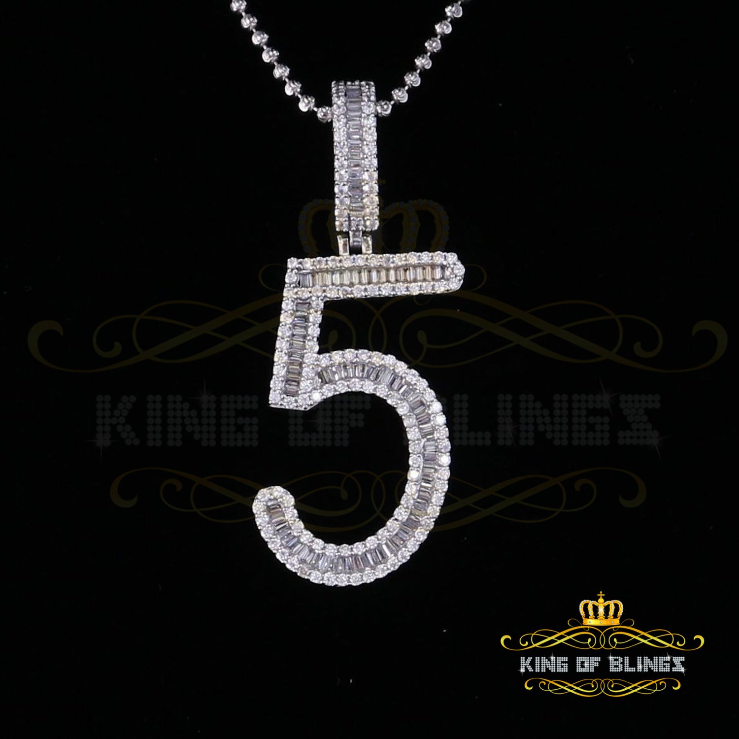 White Sterling Silver Baguette  Number '5' Pendant 4.78ct Cubic Zirconia KING OF BLINGS