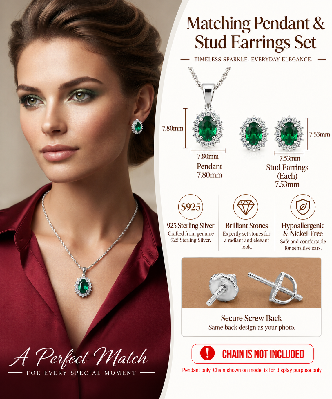 925White Silver 0.33CT Diamond Oval Simulated Emerald stone Pendant &Earring Set King of Blings