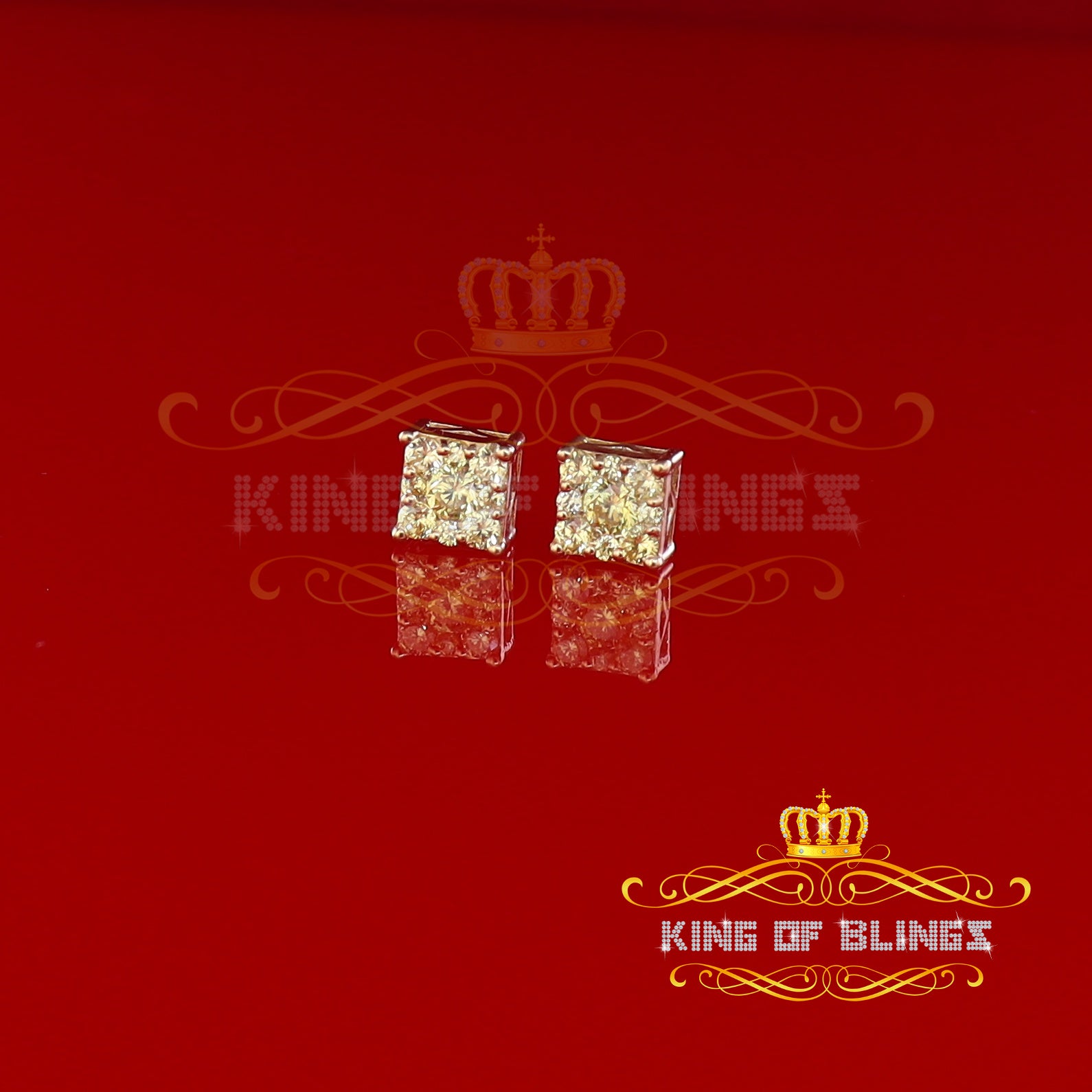 King of Bling's 2.00ct Cubic Zirconia 925 Yellow Silver Women's & Men's Hip Hop Square Earrings KING OF BLINGS