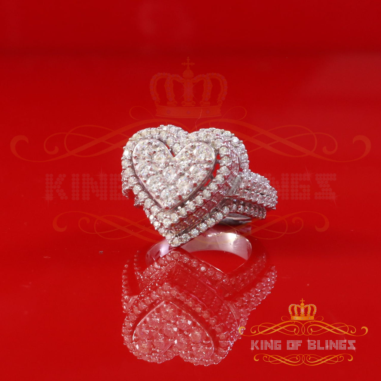King of Bling's 5.00ct VVS 'D' 925 Silver 3D Double Heart Moissanite Women's White Ring Sz 8