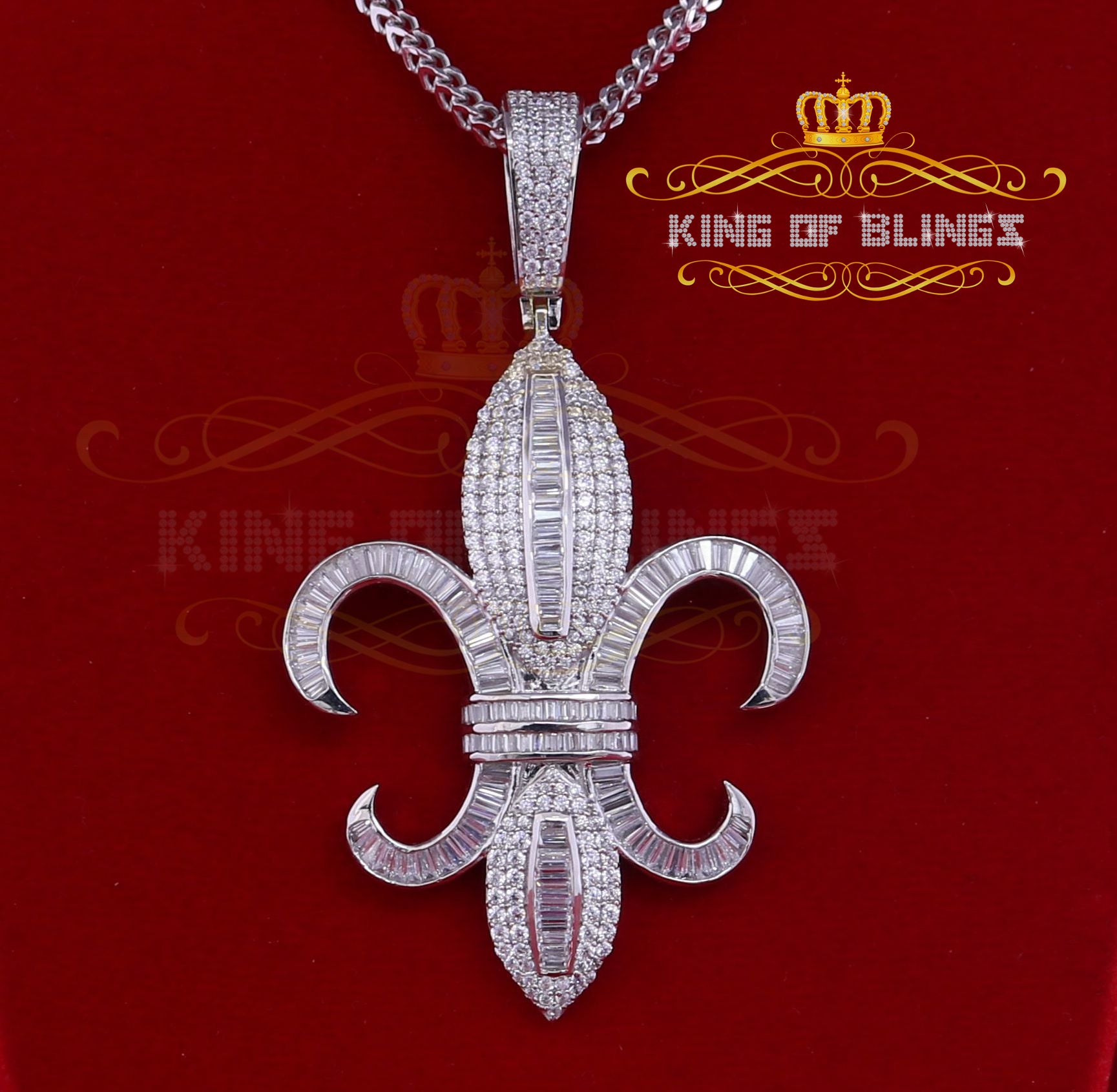 King Of Bling's White Sterling Silver Fleur de Lis wise Shape Pendant with15.62ct Cubic Zirconia KING OF BLINGS