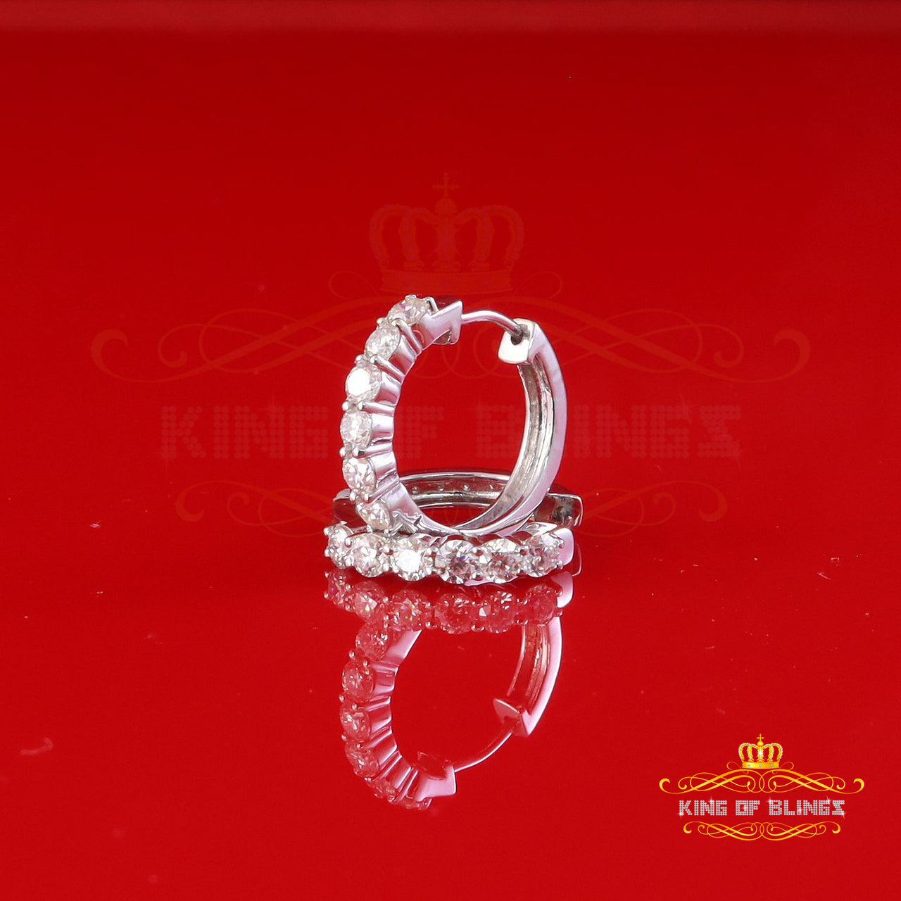 King of Bling's Women's 925 Silver 1.50ct VVS 'D' Moissanite 1 row Stones Hoop Earrings