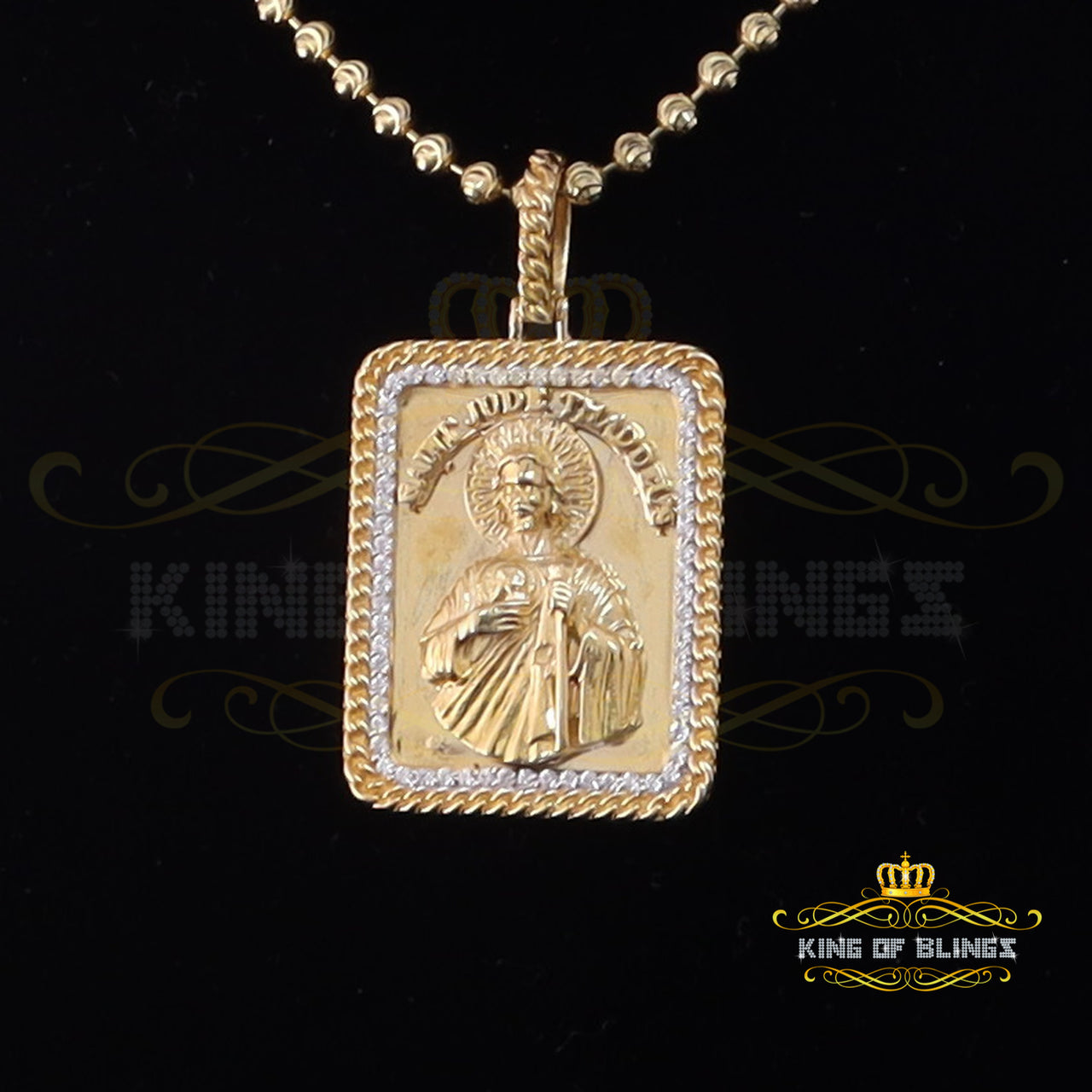 King Of Bling's Men's 925 San Judas Silver 0.66ct CZ Square 1.00 inch SAINT JUDE Yellow Pendant