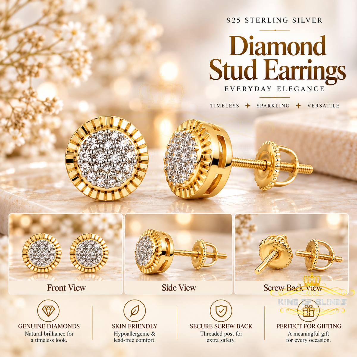 King Of Bling's 925 Sterling Yellow Silver 0.10ct Diamond For Women's & Men's Round Earrings KING OF BLINGS