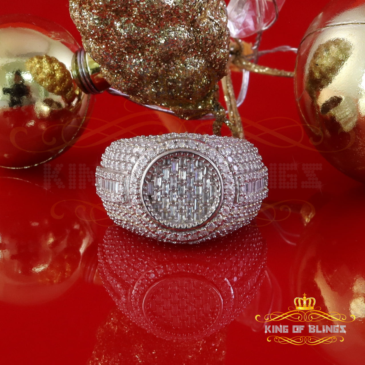 King of Bling's Men's/Womens 925 Silv White 5.50ct Buguette VVS 'D' Moissanite Round Ring SZ 10 King of Blings