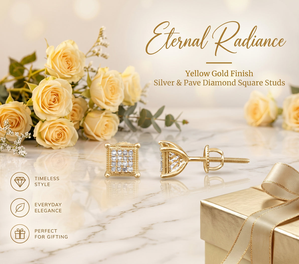 King Of Bling's 0.10ct Diamond Collection Yellow 925 Sterling Silver Women & Men Square Earrings KING OF BLINGS