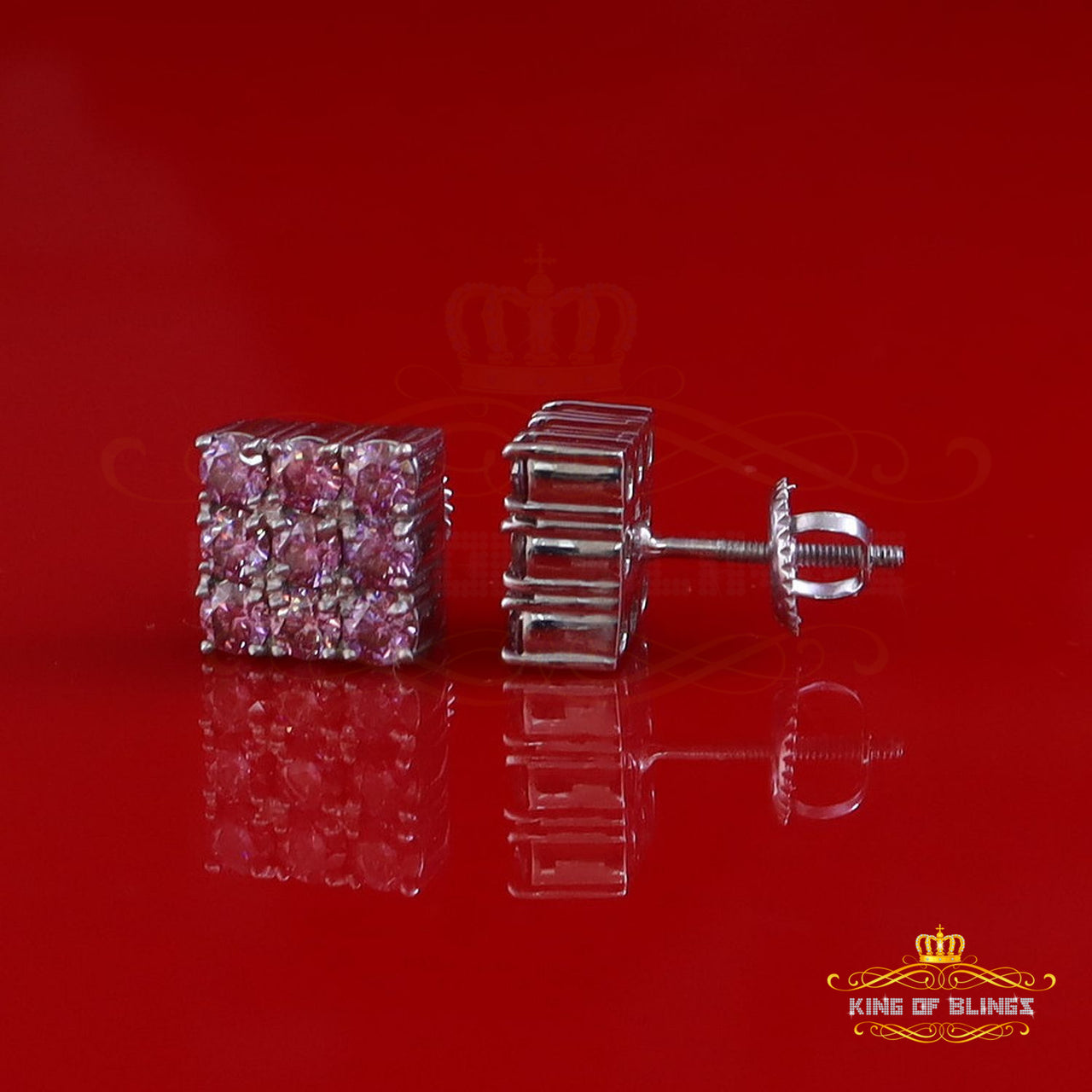 King of Bling's 925 Silver White 2.25ct VVS D Pink Moissanite Men's/Women's Square Stud Earrings