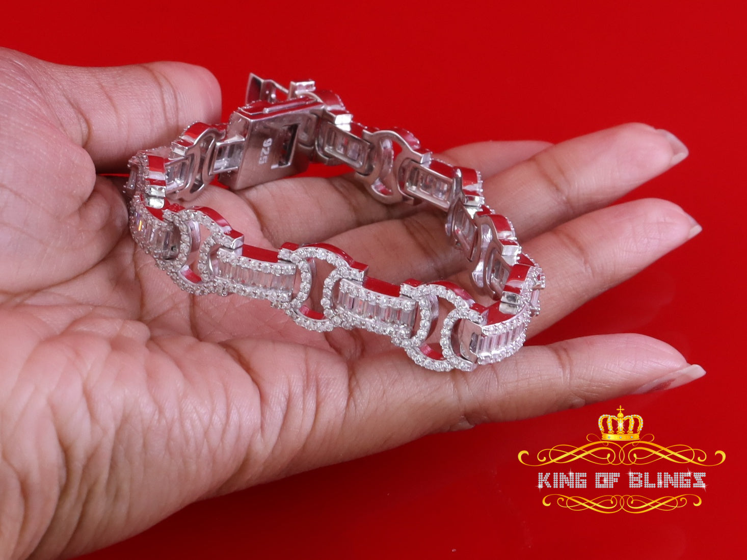 King Of Bling's 9.00ct Moissanite Baguette Silver White Byzantine Bracelet 8 In. Mens/Womens KING OF BLINGS