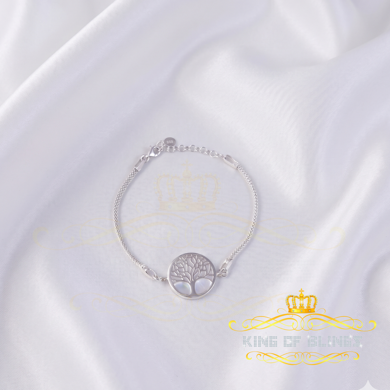 KING OF BLINGS White 925 Sterling Silver Women's Mother Of Pearl Tree Of Life Bracelet Size 8