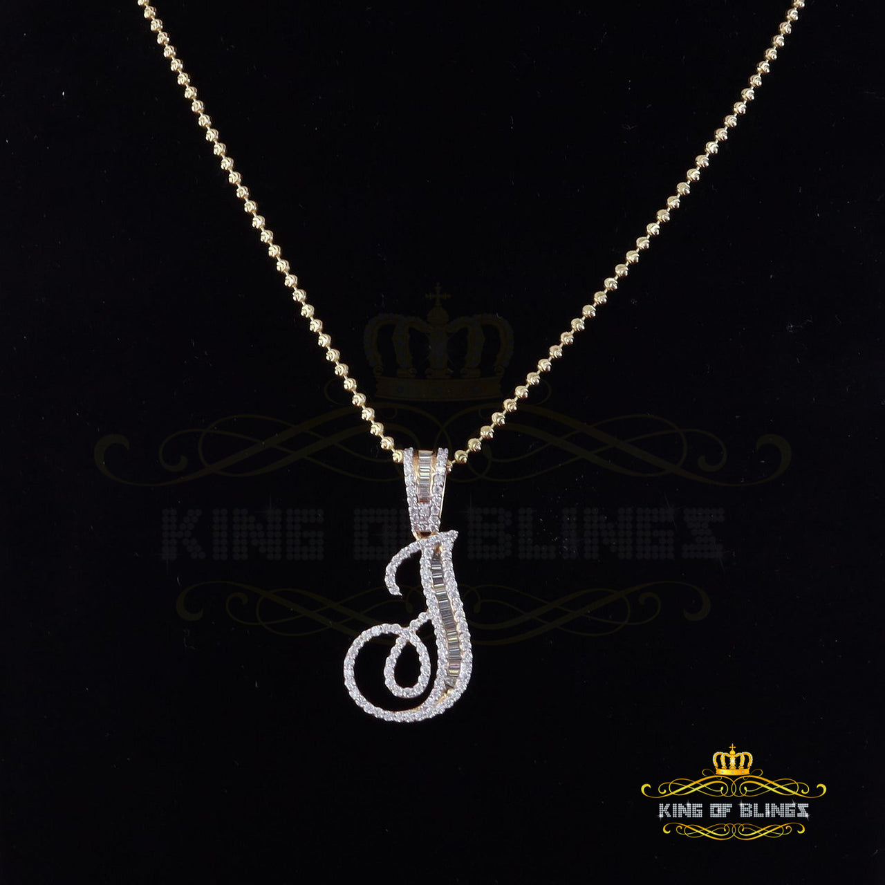 King Of Bling's 925 Silver Yellow 2.0ct VVS D Clr. Moissanite J Letter Baguette Pendant for Mens/Women's