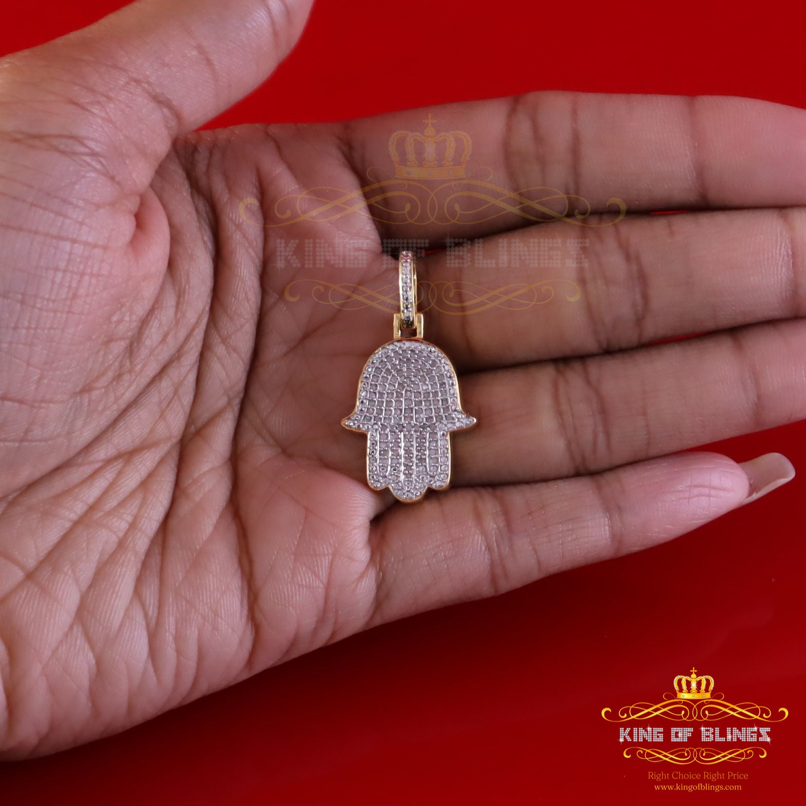 King Of Bling's Real 0.33ct Diamond 925 Sterling Silver HAMSA Charm Necklace Pendant in Yellow KING OF BLINGS