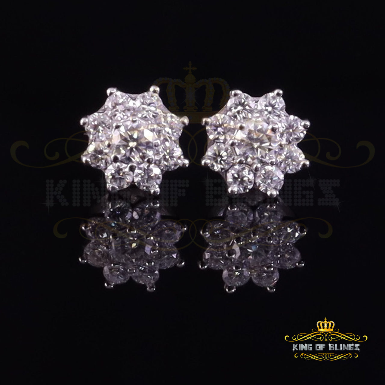 King of Bling's Men's/Womens White  Silver 1.00ct VVS 'D' Moissanite Flower Stud Earrings KING OF BLINGS