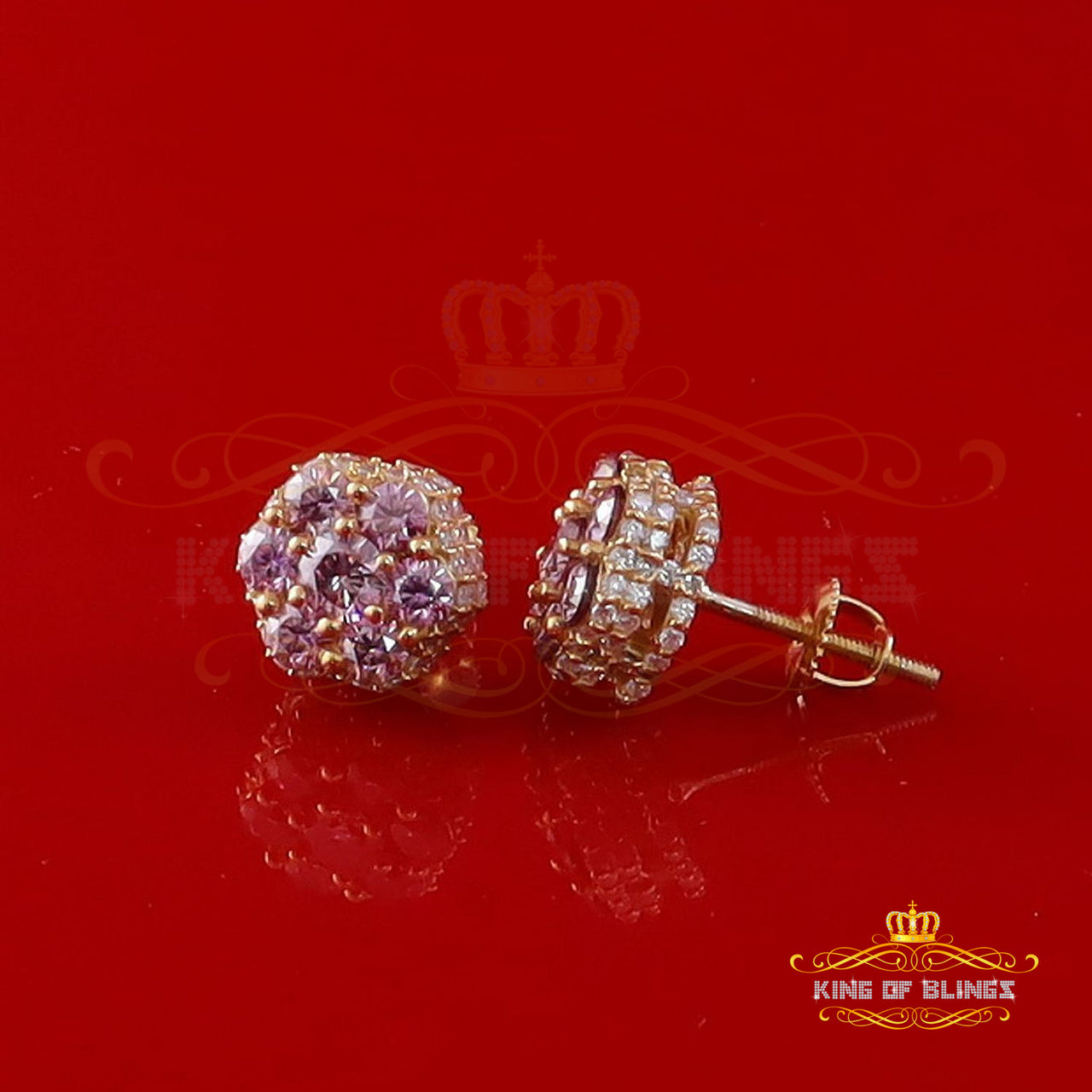 King  of Bling's 2.00CT VVS D Pink Moissanite Men's/Women 925 Yellow Silver Floral Stud Earrings