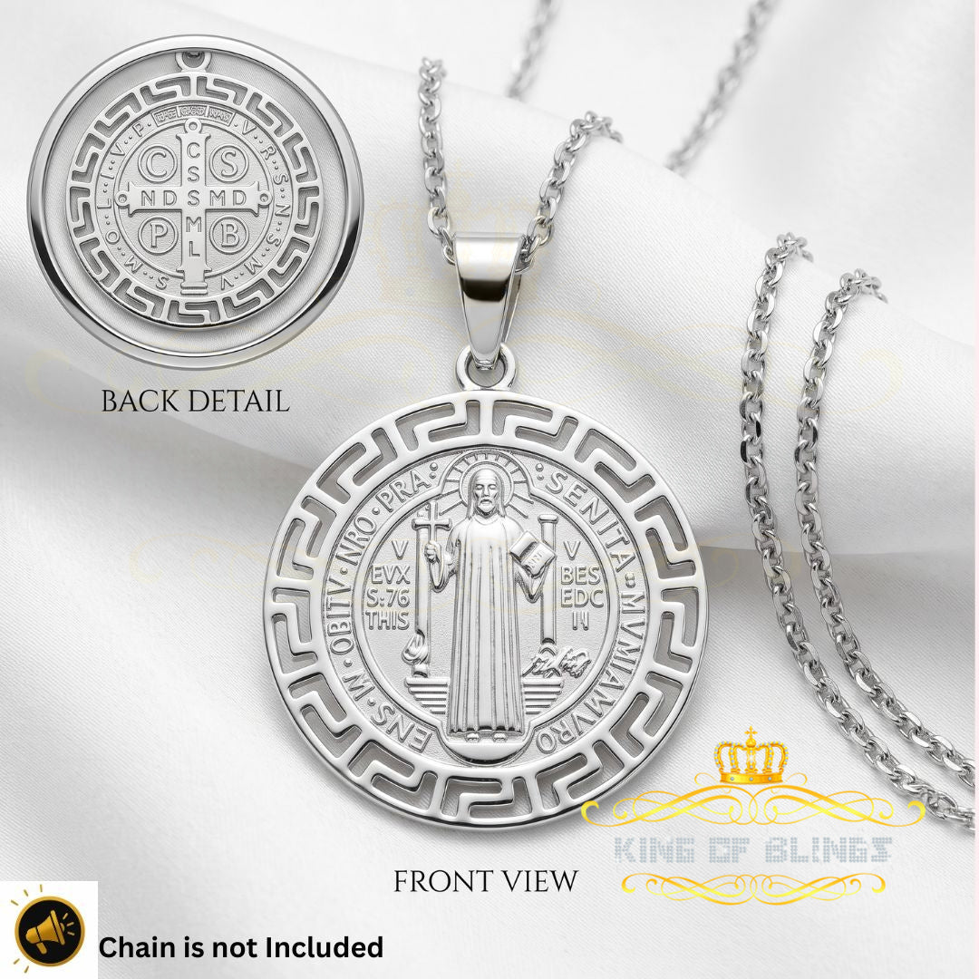 King Of Bling's 925 Sterling Silver Double Side Benedict Men's/Women's Pendant White Religious