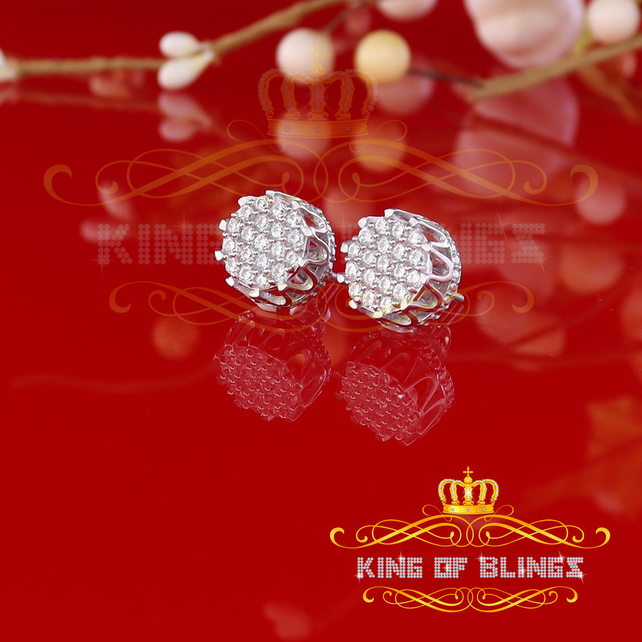 King of Blings- White 925 Sterling Silver 2.04ct Cubic Zirconia Women's & Men's Floral Earrings KING OF BLINGS
