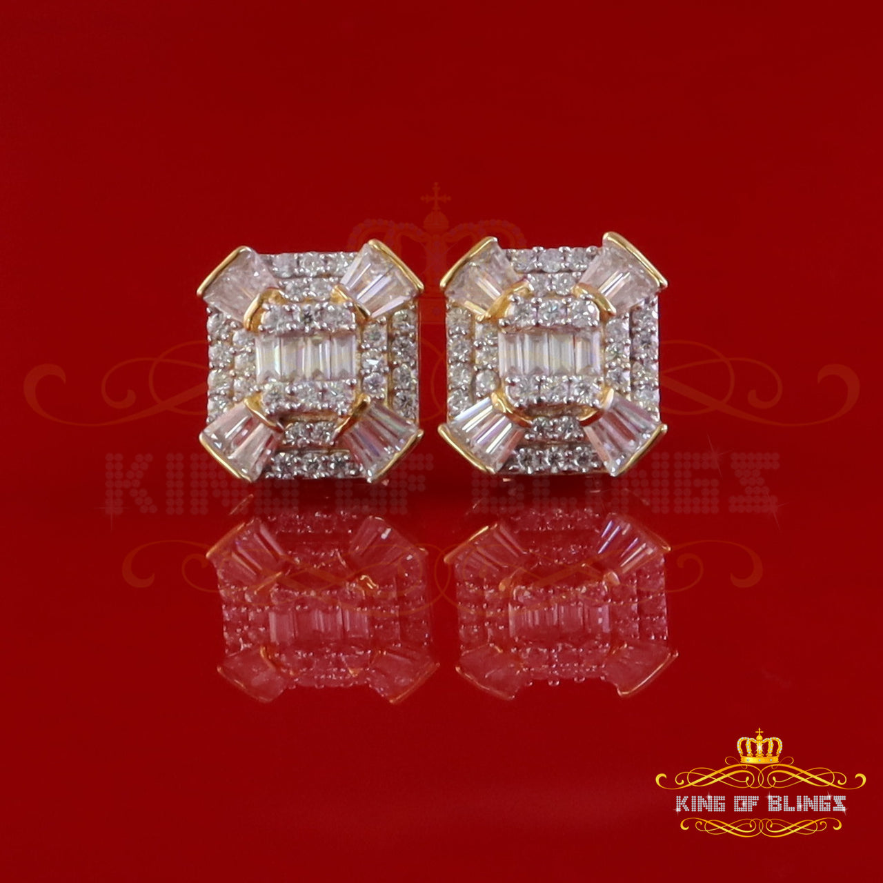 King  of Bling's 925 Yellow Silver 1.25ct VVS 'D' Moissanite Rectangle Stud Earring Men's/Womens King of Blings