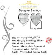 King Of Bling's Aretes Para Hombre Heart 925 White Silver 0.33ct Diamond Women's /Men's Earring KING OF BLINGS