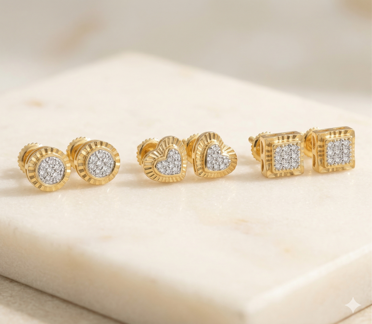 3 Pairs Diamond Stud Earrings Set – Screw Back 925 Sterling Silver (Round, Heart, Square 6mm)