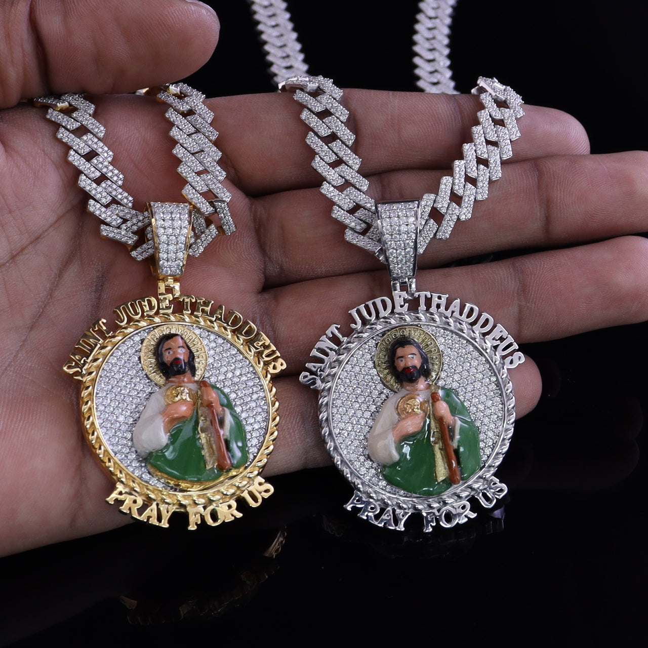 King Of Bling's Moissanite Vvs ' IF'D' 2.00CT Enamel 'SAINT JUDE' White Circle Men's Pendant KING OF BLINGS