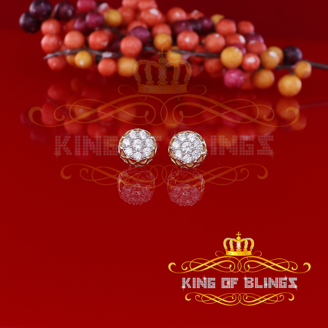 King of Bling's 2.02ct Cubic Zirconia 925 Yellow Silver Women's & Men's Hip Hop Flower Earrings KING OF BLINGS